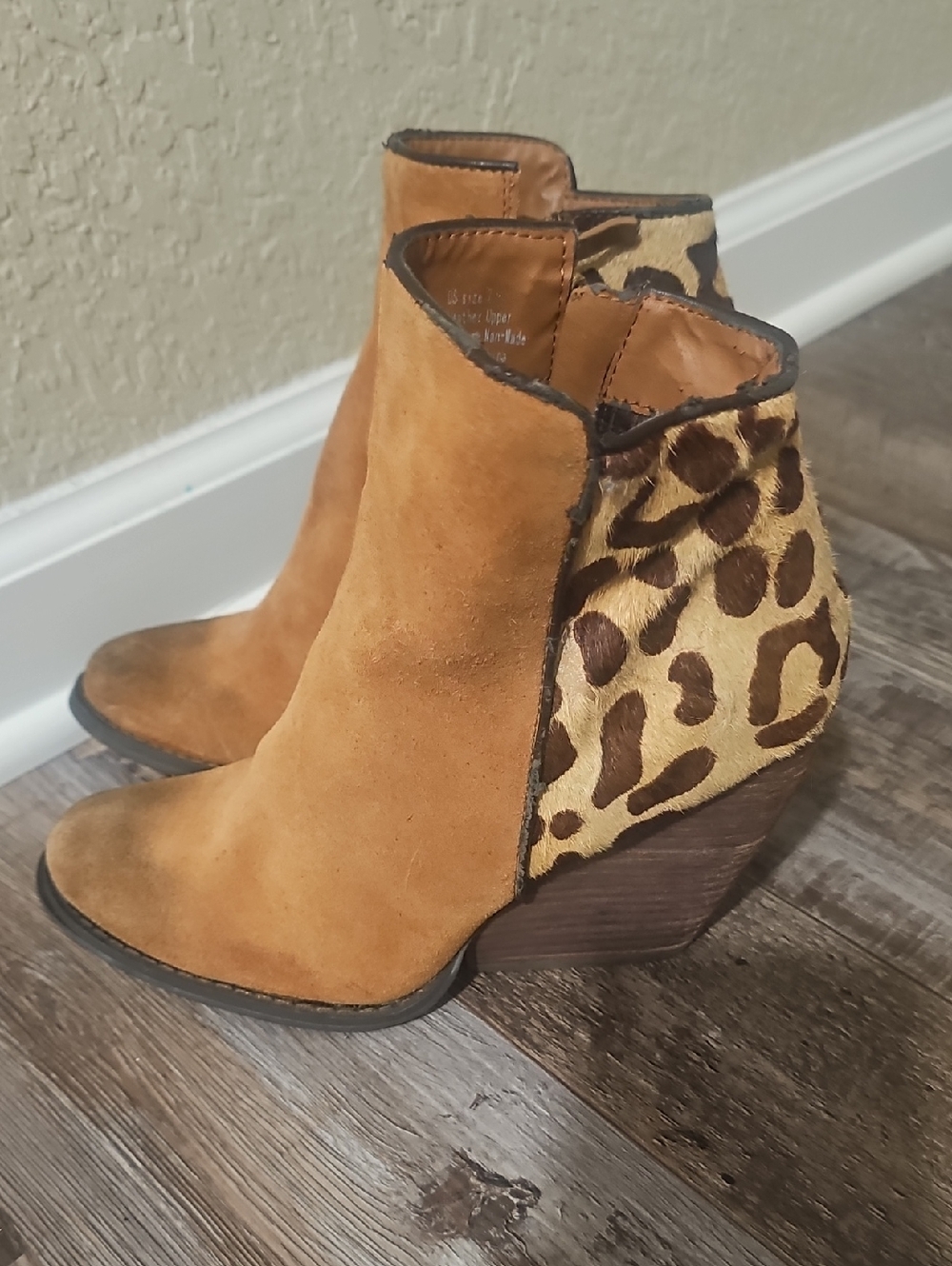 Very Volatile Tan Suede Ankle Boots with Leopard-Print Heel